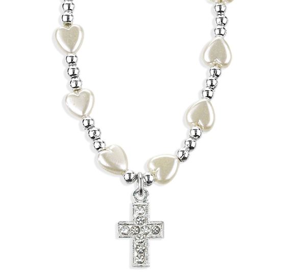 FIRST COMMUNION NECKLACE WITH CRYSTAL CROSS AND PEARLIZED HEARTS